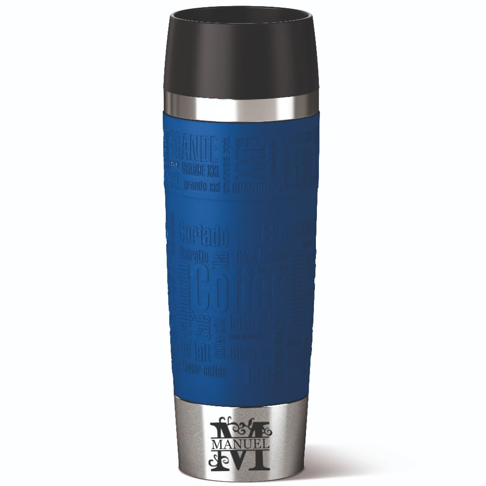 Emsa Isolierbecher 500ml mit Gravur Monogramm/Buchstabe (+ Name) Travel Mug Grande XXL Manschette blau personalisierter Kaffeebecher Teebecher, Motiv MO1