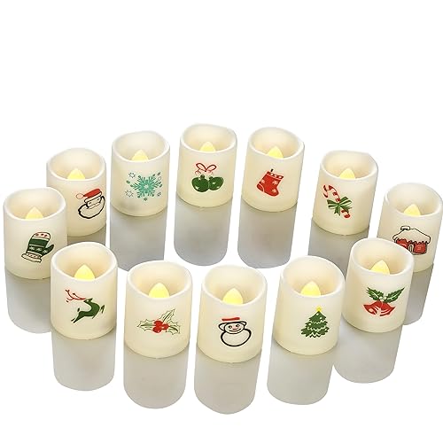 Image of Battery Operated Flameless LED Votive Candles with Christmas Decals 12 PCS
