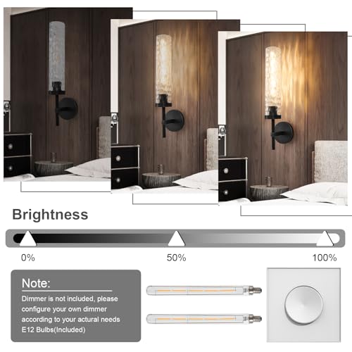 Image of Brass Knurled Bathroom Sconces Set of 2, 19.5 Inch Black Vanity Light Fixtures with Water Ripple Glass Tube Modern Wall Lamp for Bathroom Mirror Bedroom Living Room Hallway