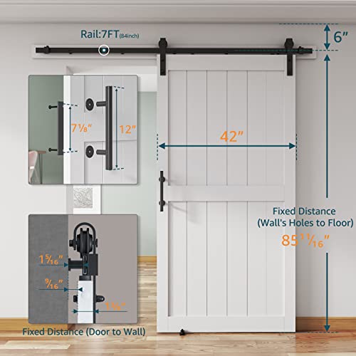 Alamedadt 42''X84'' Sliding Barn Door With 7 Ft Barn Door Hardware Kit& Handle& Floor Guides,Pre-Drilled Holes Easy Assembly - Include Installation Manual, Water-Proof Pvc Surface, H-Frame, White #TOP1