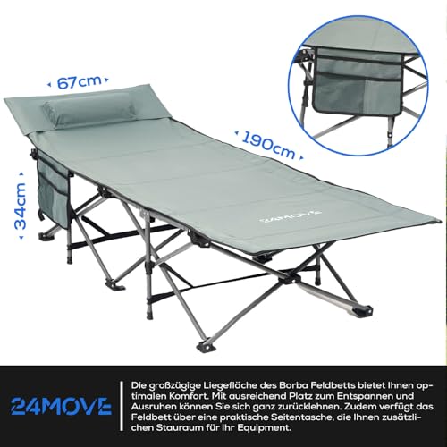 24MOVE® Feldbett Campingbett bis 150 kg In-und Outdoor Camping faltbar, 190 x 67 x 34cm, tragbar mit Tasche, für Garten oder Reisen, grau – Bild 6