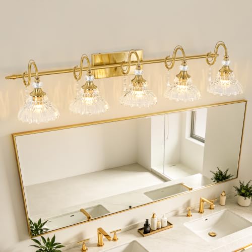 Image of Vintage Bathroom Vanity Light, 5-Light Brushed Gold Finish Wall Sconce with Hanging Crystal Accents and Flower-Shaped Clear Glass Shades, Retro Wall Mount Vanity Light Over Mirror for Bathroom