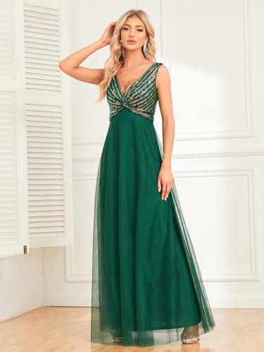 Women Maxi Sequin Formal Evening Party Dresses Glitter Empire Waist V Neck Sleeveless Tulle Wedding Guest Dress Dark Green XL2