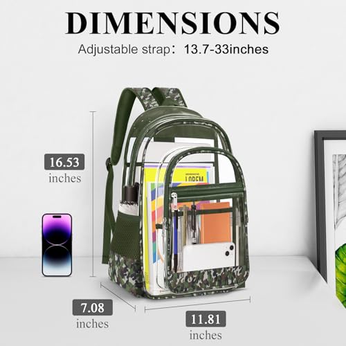 Clear Backpack, Heavy Duty PVC Transparent Backpack with Reinforced Straps, See Through Multiple Pockets Large Capacity Bookbag for Concert Work Security Travel Festival (Camouflage)2