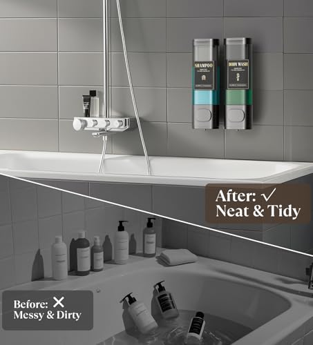 Image of Luxspire Shampoo and Conditioner Dispenser, Shower Soap Dispenser 2-Chamber | Lockable Large Capacity 600ml No-Drill Wall-Mounted Shampoo and Body Wash Dispenser for Bathroom Hotel Kitchen Airbnb