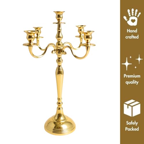 Image of Decorative Brass Gold Plated Five Arm Candle Holder Stand for Home & Hall Decore (18 inch * 18 inch * 32 inch)(Size:X-Large)