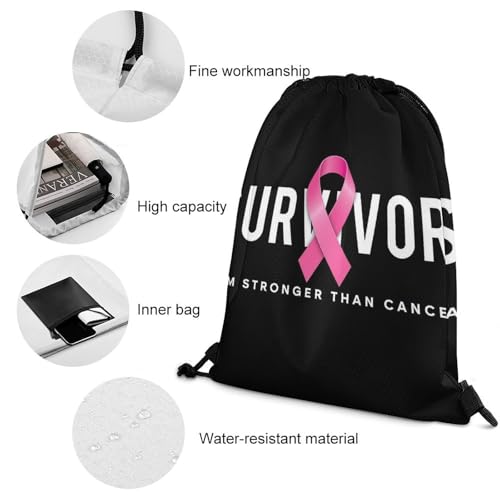 Breathable Drawstring Backpack, Breast Cancer Survivor Pink Ribbon Black Unisex Fashion Waterproof Large Capacity Draw String Bag, Reusable Sackpack with Sturdy Cord for Daily Use4