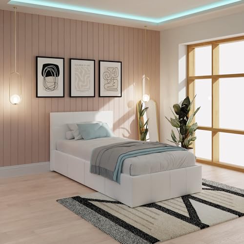 GFW Classic Leather Upholstered Ottoman Storage Bed With Gas End Lift & Under Bed Storage, Single, Faux Leather, White