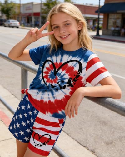 Image of 7-14Y Tween Girl Clothes 2 Piece Short Sleeve Tie Dye Heart Print Top and Shorts Teen Girl Summer Outfits Short Set
