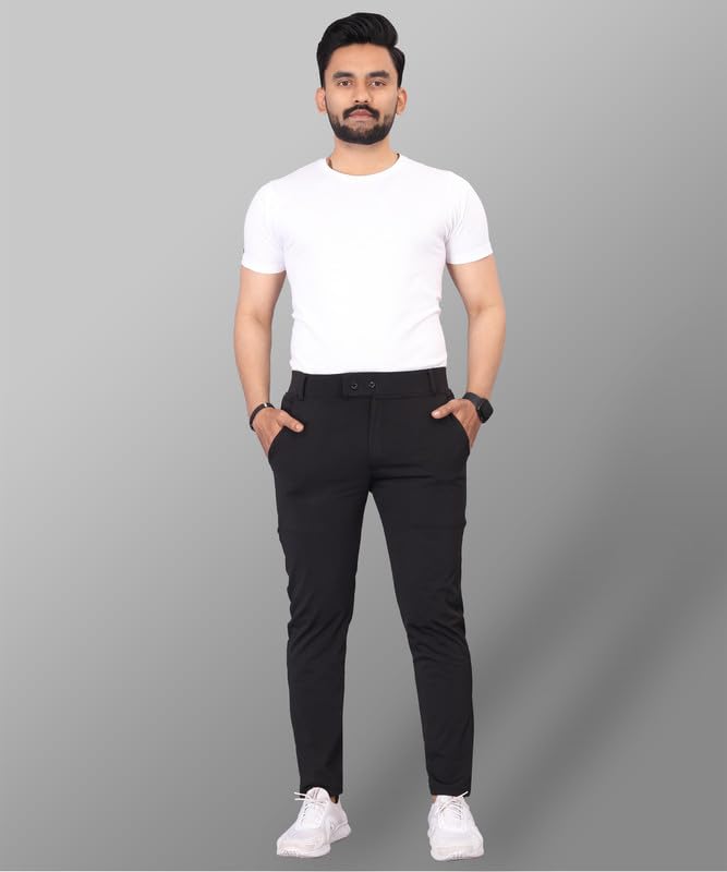 Image of MiraMichi Men's Slim Fit Stretchable Casual Mid Rise Trousers | Stylish Lycra Blend Pants for Office, Party