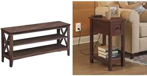 VASAGLE Entryway Storage Bench, Farmhouse End Table with Storage Drawer, Maroon Brown ULSB153K51 Saddle Brown ULET328K01