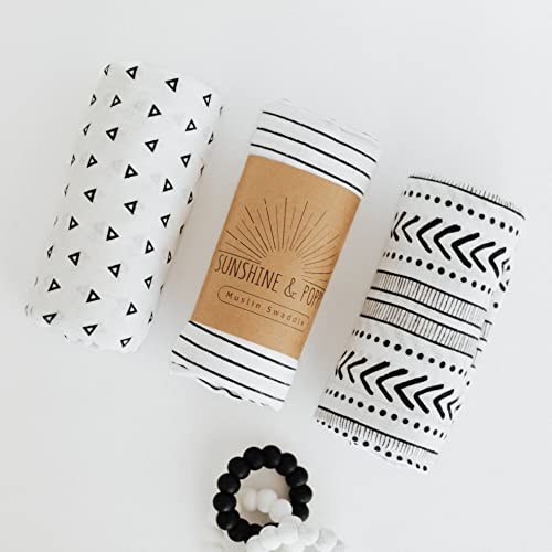 Image of Sunshine & Poppy Muslin Swaddle Blankets for Baby Boys or Girls - Stretchy Swaddle Blankets - Gender Neutral 3 Pack - Baby Registry or Baby Shower Newborn Receiving Blankets (Mudcloth)