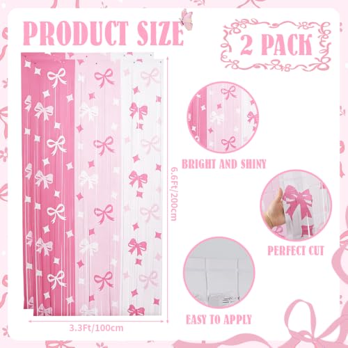Image of TONIFUL 2Pcs Pink White Bow Metallic Tinsel Foil Fringe Curtains Streamers | 3.3ftx6.6ft Photo Booth Backdrop Door Streamer Curtain for Baby Girl Shower Birthday Princess Theme Party Wedding Decorations