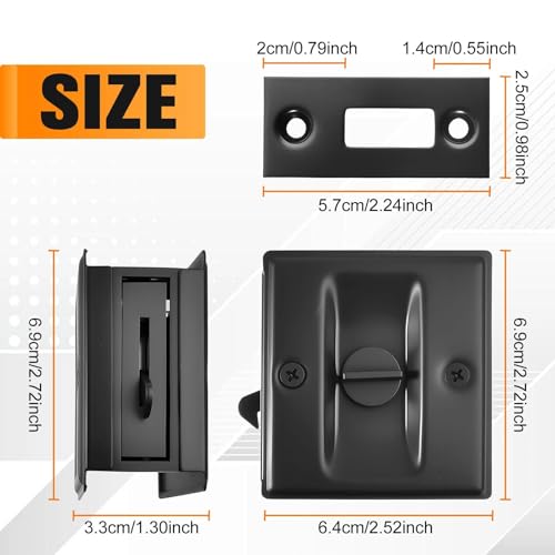 Kit de 2 cerraduras para puertas empotradas, herraje de privacidad para puertas empotradas de 2-1/2" × 2-7/10", manijas para puertas empotradas, cerradura y pestillo con tirador en negro mate para puertas de 1-3/8" a 1-3/4" miniatura 4