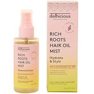 Delhicious 5-in-1 Leave in Conditioner Spray, Ayurvedic Hair Oil, Hair Mist – Rich Roots Amla Hair Oil, Argan Oil, Rosemary Oil for Hair – Detangler Spray, Anti Frizz Hair Products – Vegan – 75ml