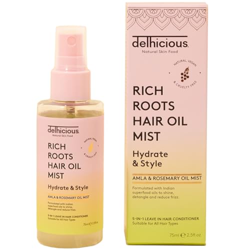 Delhicious 5-in-1 Leave in Conditioner Spray, Ayurvedic Hair Oil, Hair Mist - Rich Roots Amla Hair Oil, Argan Oil, Rosemary Oil for Hair - Detangler Spray, Anti Frizz Hair Products - Vegan - 75ml