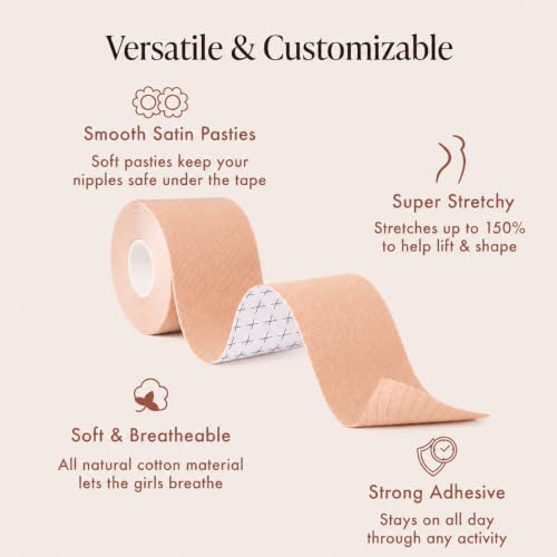 Image of Bare Babe Boob Tape for Breast Lift, Hypoallergenic Adhesive Tape with 10 Satin Nipple Covers, Strapless Bra, 2 in