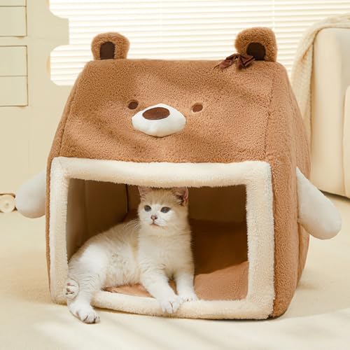 猫 ベッド 暖かい ペットハウス 冬用 ペットベッド 小型犬向け 猫 ハウス 洗える 犬ベッド 可愛い 犬ハウス 防寒対策 室内 滑り止め ふわふわ ぐっすり眠る クッション付き 猫犬用 快適 ブラウンL