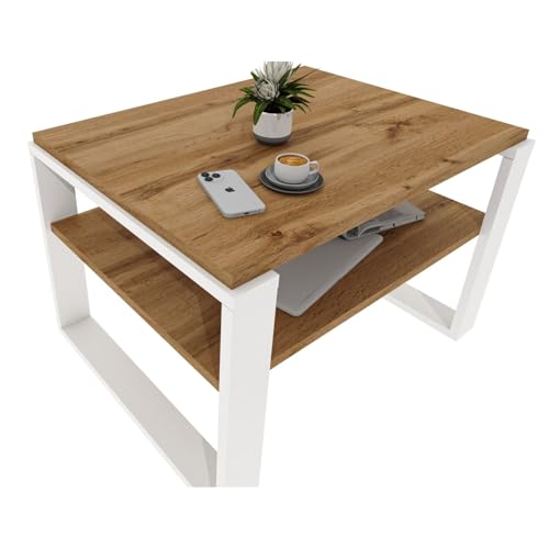 CraftPAK Wohnzimmer Tisch für Couch aus hochwertigem Holzwerkstoff, Stabiler & moderner Couchtisch mit zusätzlicher Ablagefläche, Model Kaja 63, Farbe Weiß