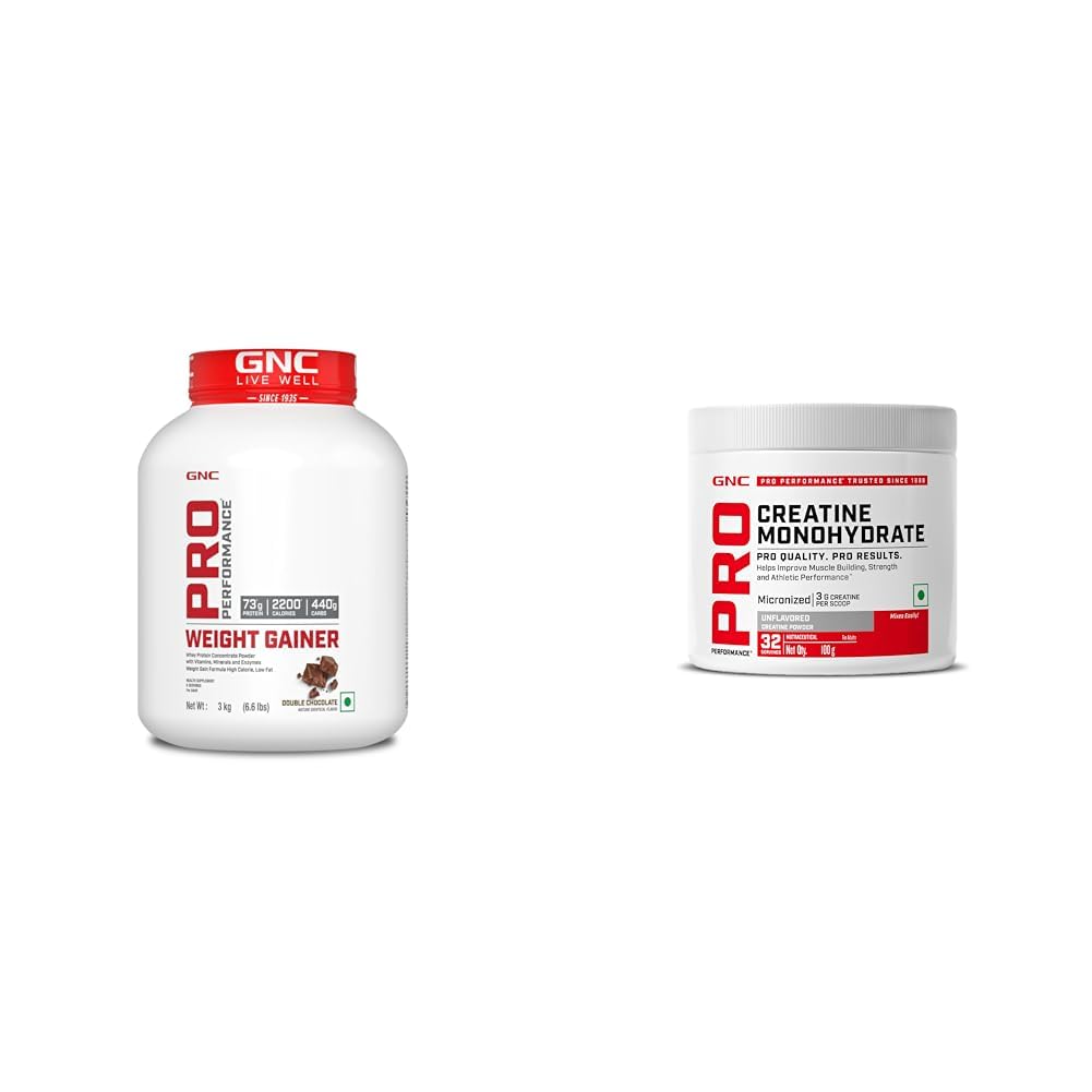 - Pro Performance Weight Gainer (Double Chocolate, 3 KG)| 73g Protein | 440g Carbs | 2200 Cal & GNC Pro Performance Creatine Monohydrate, (Unflavoured, 100 grams Powder) COMBO