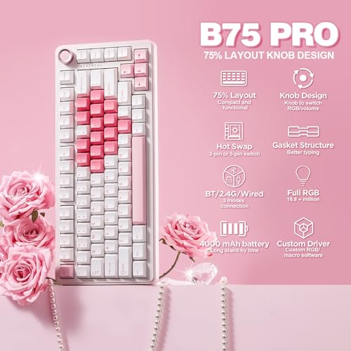 Image of YUNZII B75 PRO Wireless Mechanical Keyboard,75% Layout with Knob,Hot Swap Gasket Structure,Creamy Pre-lubed Switches,RGB Backlit,Bluetooth /Type-C /2.4G for Win /Mac (White, Milk Switch)
