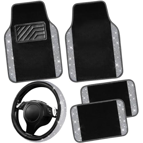 CAR PASS Bling Diamond Leather Steering Wheel Cover 14.5in-15in Floor Mats Shining Rhinestone Carpet Sparkly Glitter Crystal Anti-Slip Pad Fit Automotive SUV Pickup Truck Girl Women 5pcs Black Sliver