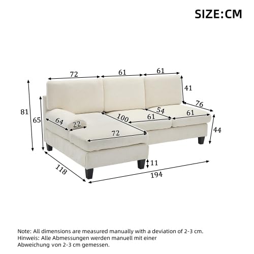 STAPERFO Ecksofa mit Schlaffunktion – L-förmiges 3-Sitzer Sofa, kleines Polstersofa für Wohnzimmer, kompakte Couch 194x118x81 cm mit Stabiler Polsterung – Beige