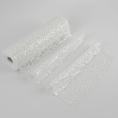 MEEDEE White Glitter Mesh Web Ribbon 10 Inch Wide By 10 Yards Roll White Fabric Ribbon Decorative Mesh Ribbon for Christmas Tree, Garland, Wreaths, Bows, Holiday Crafts, Home Decor