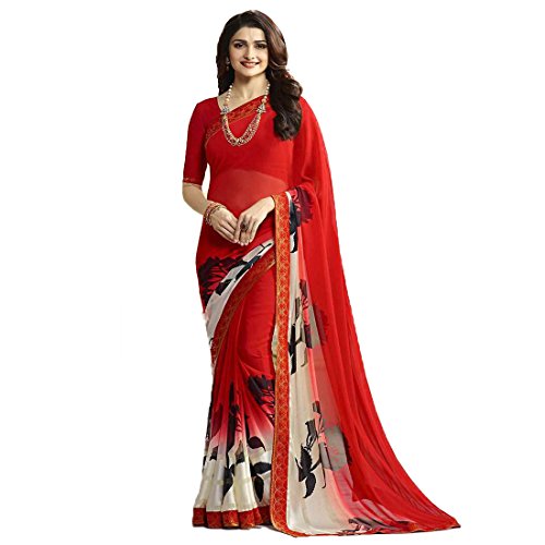 Image of RAJESHWAR FASHION WITH RF Women's Printed Georgette Sarees For Women With Jacquard Work Lace Border & Blouse Piece(Yellow Multicolored Free Size 6.30 Mtr)