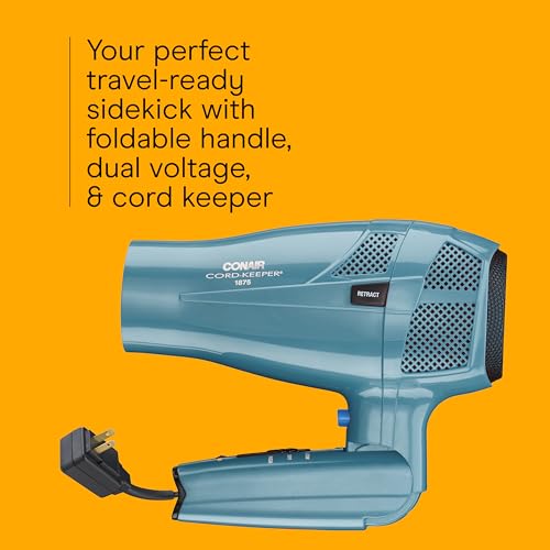Conair Cord-Keeper Dryer with Folding Handle and Retractable Cord, 1875W Travel Hair Dryer, Ionic Technology, Teal by Conair - Image 3