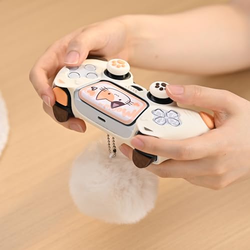 Image of GeekShare PS5 Controller Skin Set, Anti-Slip Silicone Protective Cover Skin for PS5 Wireless Controller with 2 Thumb Grip Caps and 2 Stickers (Beige Cat)