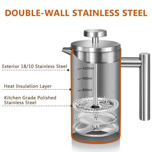 Image of Large French Press Coffee Maker 50oz (1.5L), 304 Stainless Steel Double Wall Insulated Coffee Press for Camping, Backpacking, Party, Travel, Gift Set, Dishwasher Safe (Silver, 6-8 Cups)