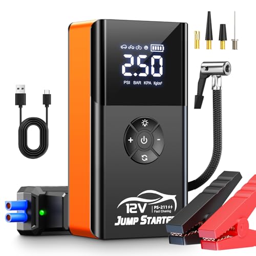 Jump Starter with Air Compressor, 8000A 180PSI, Portable Car Battery Jump Starter (All Gas/12L Diesel) 12V Automobile Jump Box Pack Chargers with Jumper Cables, 4-Mode LED Lights