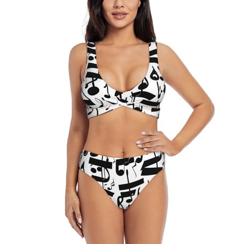 Maillot de bain 2 pièces femme contrôle du ventre taille haute bikini musique noir
