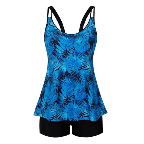 Arolina Tankini Swimsuits for Women Tummy Control Two Piece Bathing Suits Flowy Swim Tops with Boy Shorts Blue Leaves 20 Plus