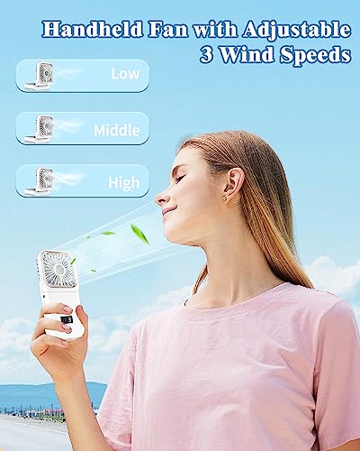 Handheld Fan Rechargeable,Portable Fan Battery Operated with LED Display,Mini Small Hand Foldable Fans with Power Bank,4000mAh Travel Personal Fans,Makeup LashFan for Girls Women Kids