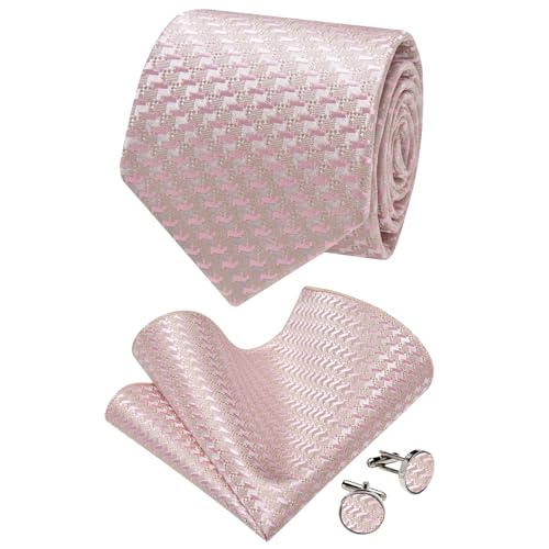 Image of YourTies Pink Ties for Men Woven Floral Silk Tie and Pocket Square Set Wedding Party Tuxedo Neckties with Gift Box Prom