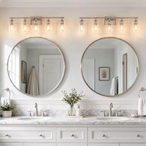 Image of 5-Light Vanity Lights for Bathroom,Brushed Nickel Bathroom Light Fixture,32 inch Wall Sconce with Clear Glass Shades for Bedroom Living Room Hallway E26 Base