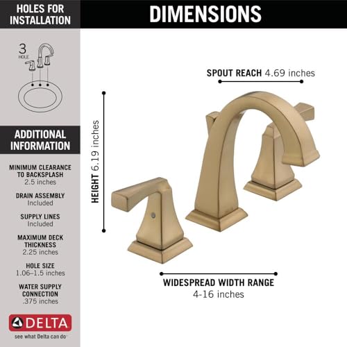 Image of Delta Dryden Brushed Gold Bathroom Faucet 3 Hole, 8 Inch Widespread Bathroom Sink Faucet for Vanity, Metal Push-Pop Drain Assembly, Champagne Bronze 3551-CZMPU-DST