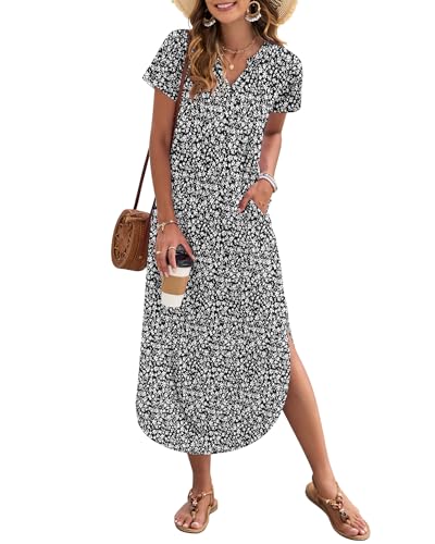 Image of MISFAY Women's Summer Maxi Dress 2026 Casual Short Sleeves V Neck Loose Sundress Split Long Beach T Shirt Dress
