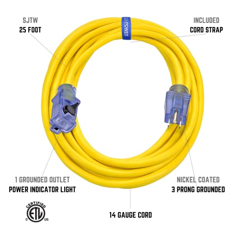 image for Clear Power 25 ft 14/3 SJTW Heavy Duty Outdoor Extension Cord with Lig