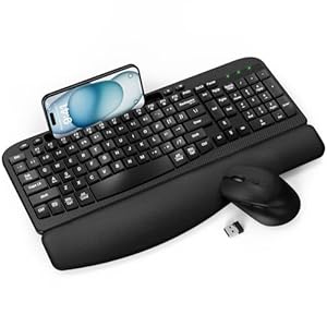 Combo de teclado y mouse inalámbricos, teclado ergonómico de tamaño completo con soporte acolchado para teléfono, escritura natural cómoda, juego inalámbrico de 2.4 G para computadora, laptop, PC, Mac