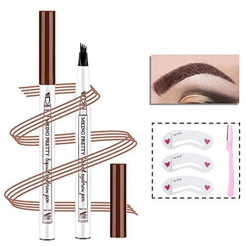2PCS Brown Eyebrow Pencil Microblading Pen Eyebrow Pen Eyebrow Makeup,Waterproof Eye Brow Pencil With Eyebrow Stencil Kit,Brow Razor,Long Lasting Create Nature Eyebrow