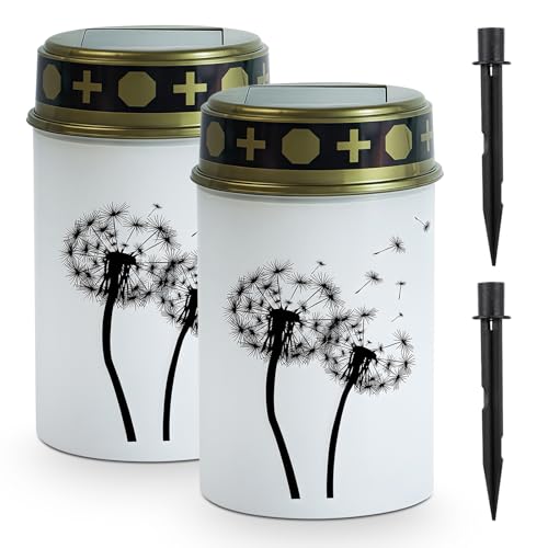 WIYETY 2 luci a LED con picchetto, candele da cimitero impermeabili con motivo dente di leone, funzionamento a batteria, luci tombali elettriche con effetto tremolante, luce commemorativa – bianco