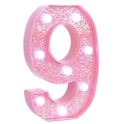 Image of Pink Light Up Marquee Numbers, Glitter LED Number Lights Signs Battery Operated for Girls 9th 19th 29th Pink Birthday Party Table Decorations, 8 Inch Tall Number 9 with Cool White Lights