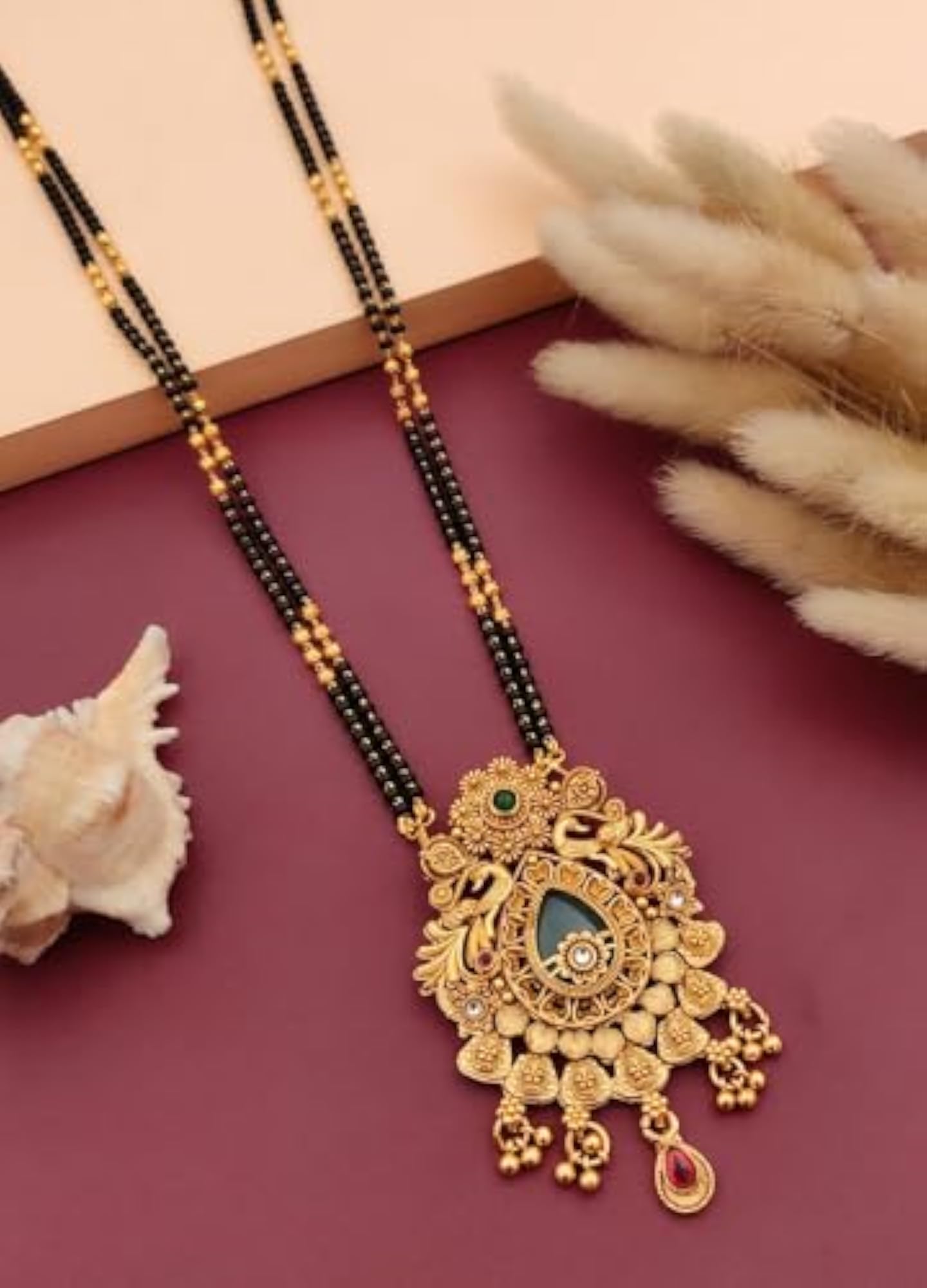 Traditional Gold Plated Black Beads Mangalsutra with Peacock Pendant