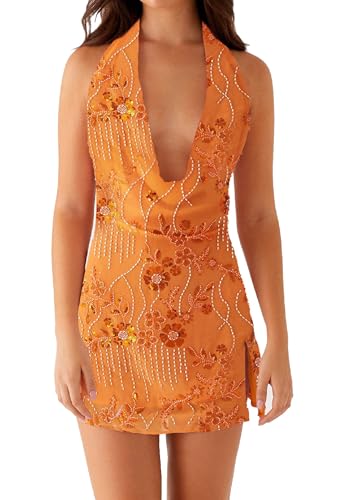 Image of Women Halter Low Neck Mini Dress Sexy Cutout Sleeveless Boho Short Dresses Open Back Night Party Going Out Sundress