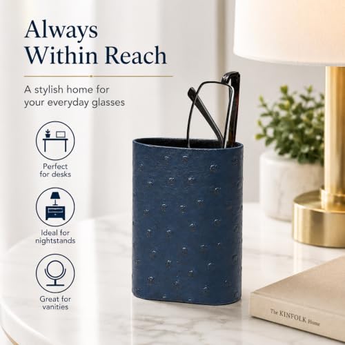 Image of Calabria Desktop Eye Glasses Holder Soft Lining Weighted Base Eyeglasses Stand Case Desks Nightstands PU Leather Mens Womens