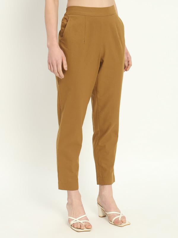 Image of Women's Solid Straight Fit 100% Cotton Trousers | High Waist, Side Pockets, Ankle Length Pants for Office, Casual