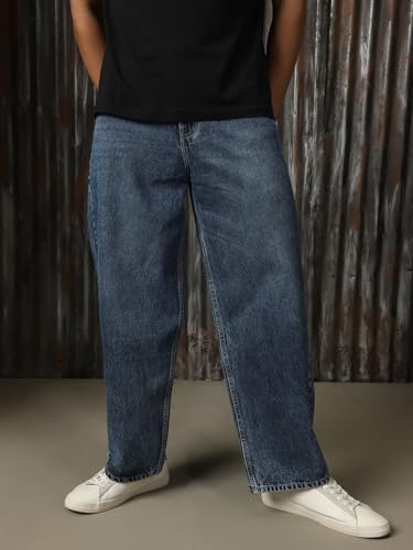 Image of High Star Men Cotton Washed Loose Fit Casual Mid-Rise Jeans